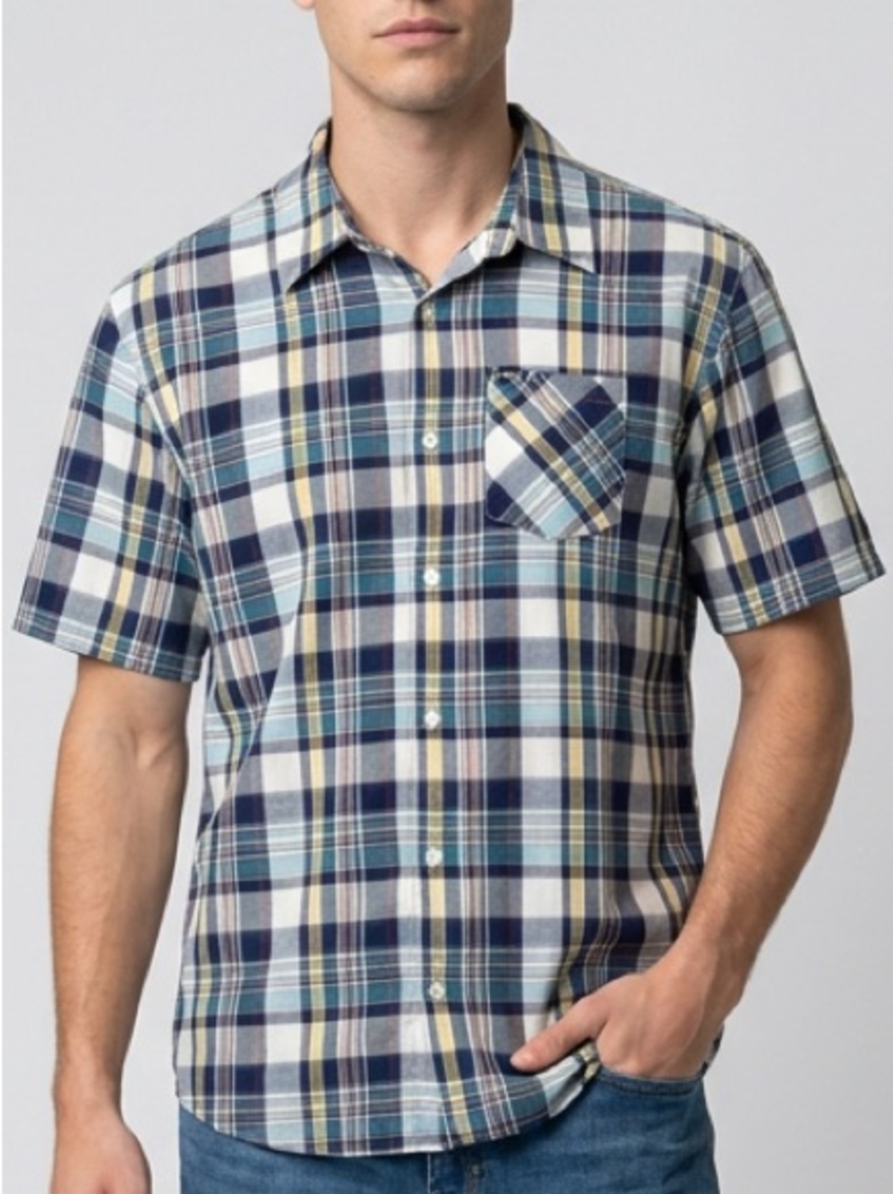 Hurley Men's XL Plaid Short Sleeve Casual Button Up Shirt Teal White Flawed